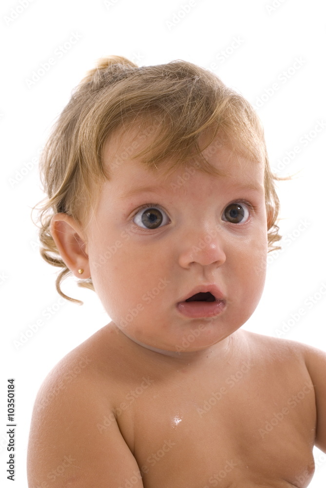 Portrait of a Blonde Baby with a surprise or scary expression . Portrait of a Blonde Baby with a surprise or scary expression .