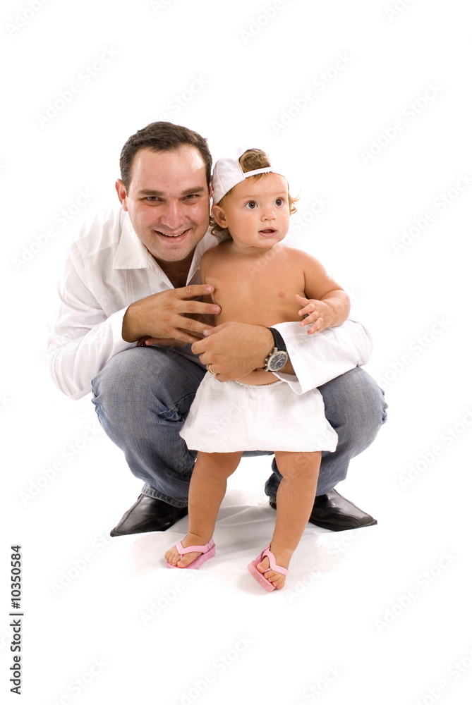 Happy Father and Daughter on white . Happy Father and Daughter on white .
