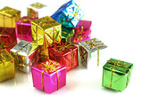 Colored gifts on white background