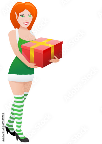Elfe en robe verte portant un cadeau (détouré)
