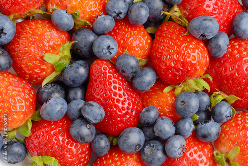 Close image of strawberry and blueberry