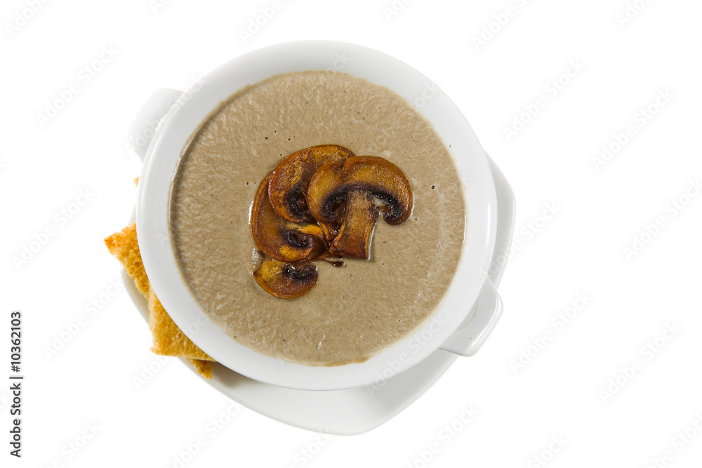 thick soup with mushrooms in white bowl thick soup with mushrooms in white bowl