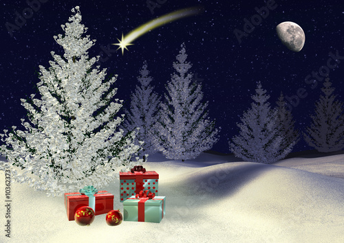 verschneite Tannen mit Weihnachtsgeschenken