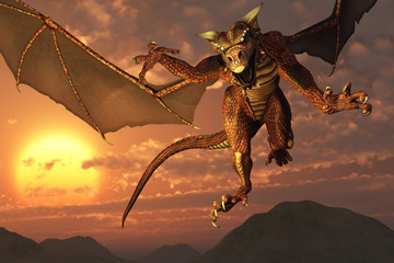 Fotobehang Draken Vliegende draak bij zonsondergang  © AlienCat