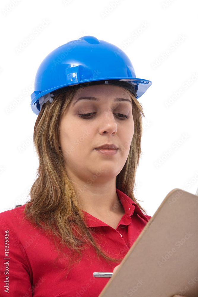 construcion engineer taking notes on white background construcion engineer taking notes on white background
