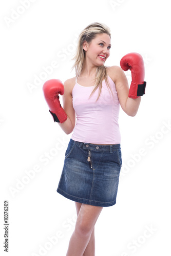 beautiful woman ready for boxing on white