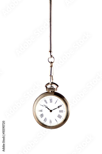 silver pocket watch with chain isolated on a white background