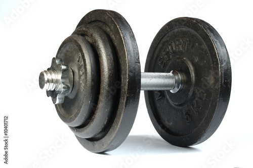 Old dirty dumbbells isolated on white background.