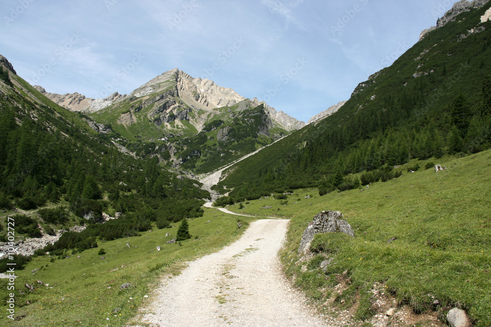 Gravel road in Alpine valley. Lechtal Alps in Tirol, Austria.