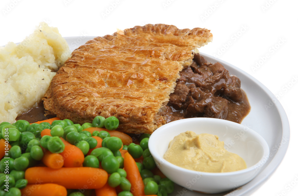 Steak pie with mash, vegetables and English mustard Steak pie with mash, vegetables and English mustard