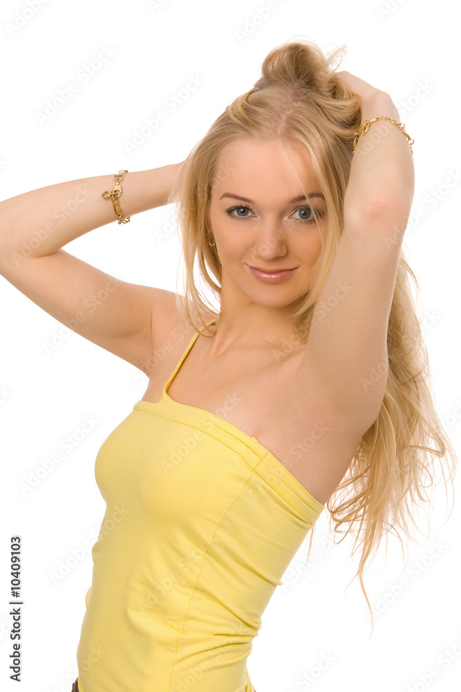 portrait of beautiful blond woman on a white background portrait of beautiful blond woman on a white background