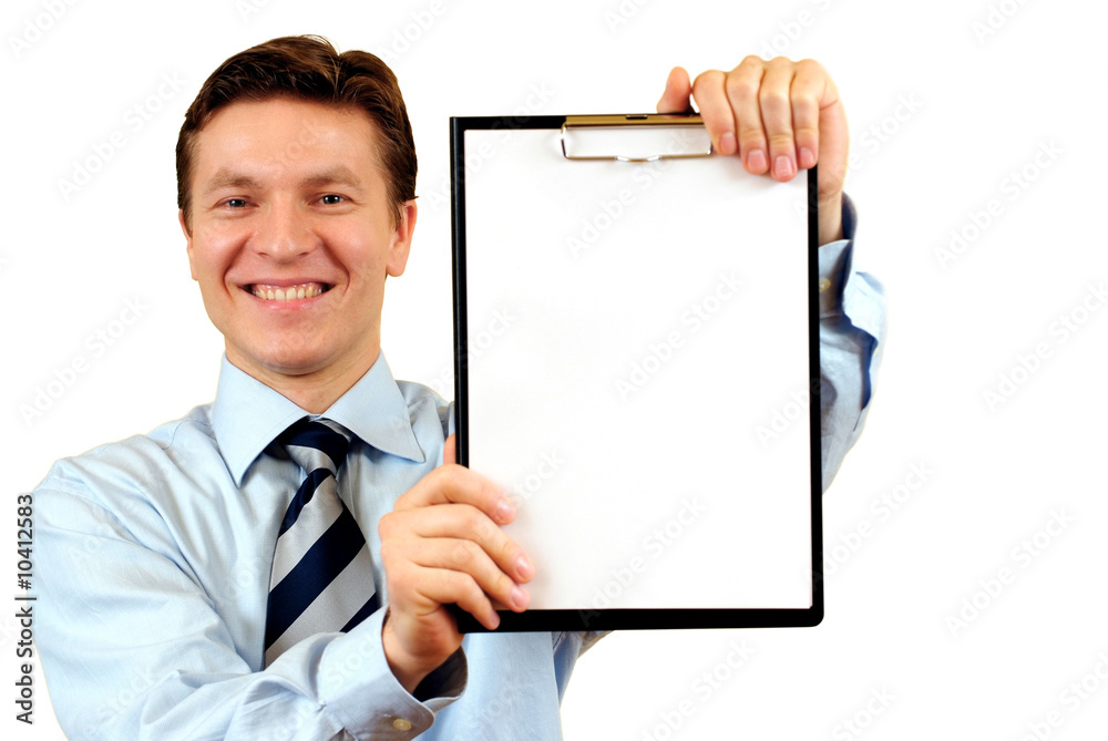 Businessman holding a blank clipboard,clipping path included