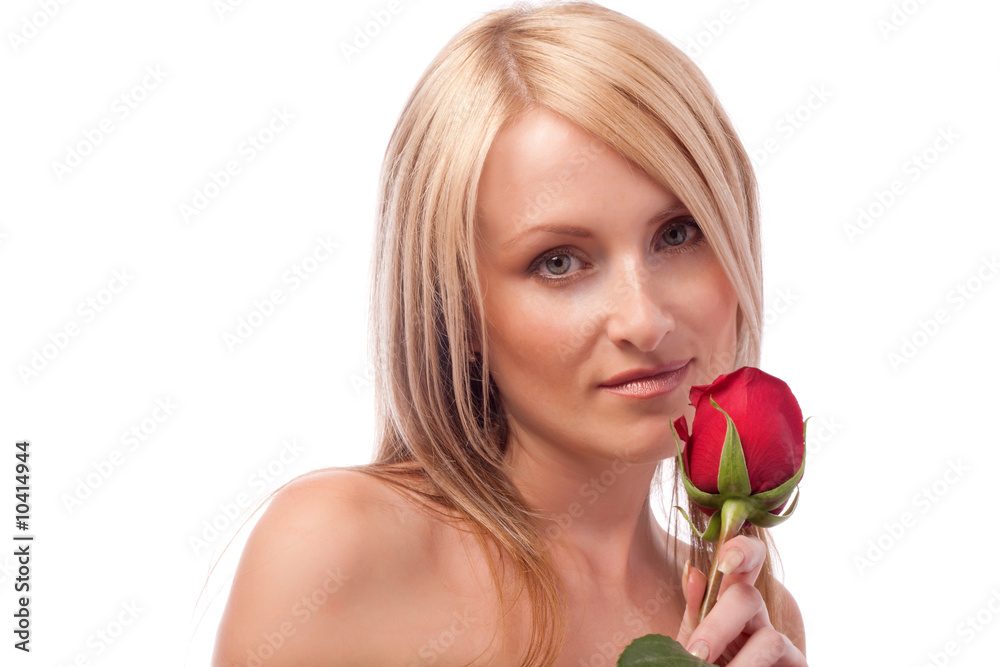 Portrait of a cute blond girl with red rose, isolated Portrait of a cute blond girl with red rose, isolated
