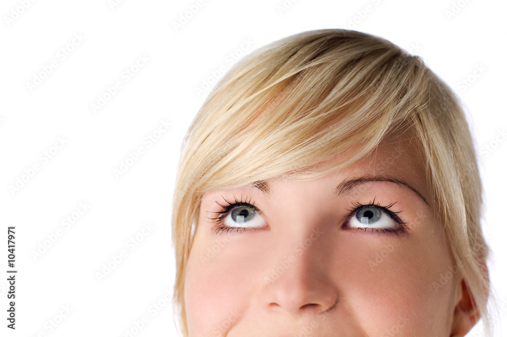 young blond woman looking up on white- close up young blond woman looking up on white- close up