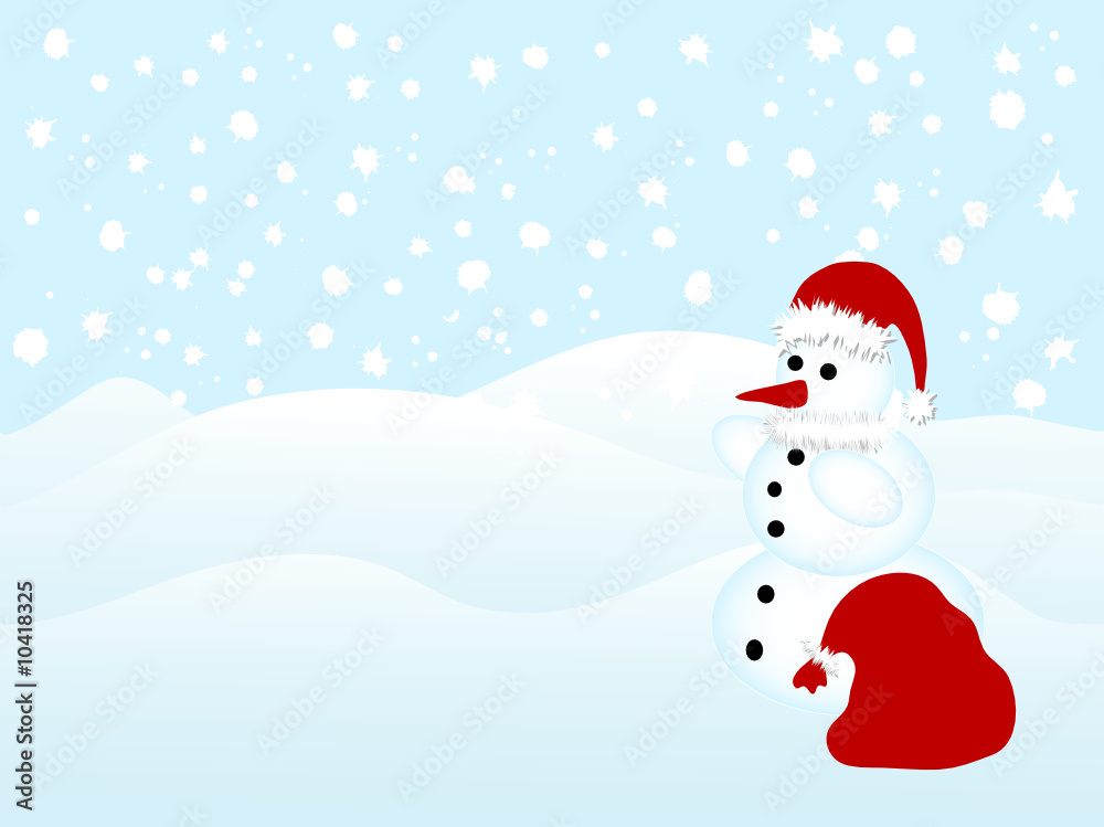 Snowman with Santa's hat and sack
