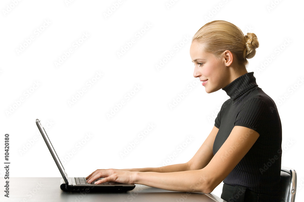Naklejka premium Businesswoman, secretary or student with laptop, isolated