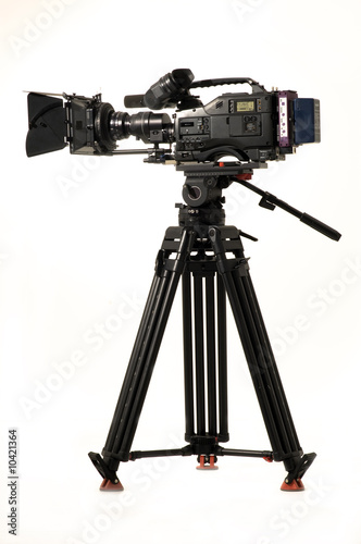 Professional digital video camera on a white background.