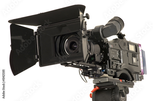 Professional digital video camera on a white background.
