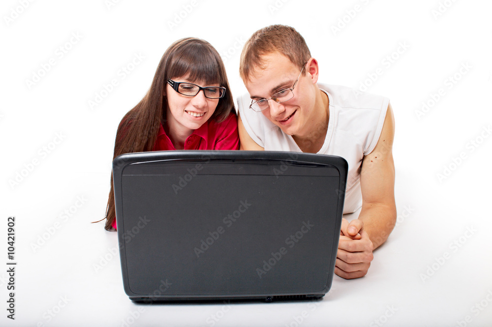 two people in office with computer on white background