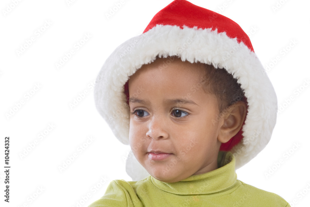 African baby girl with red hat of Christmas isolation