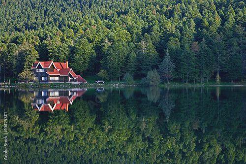 house at the forest lake with reflection