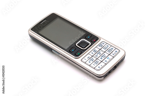 Stylish mobile phone with the metal case on a white background