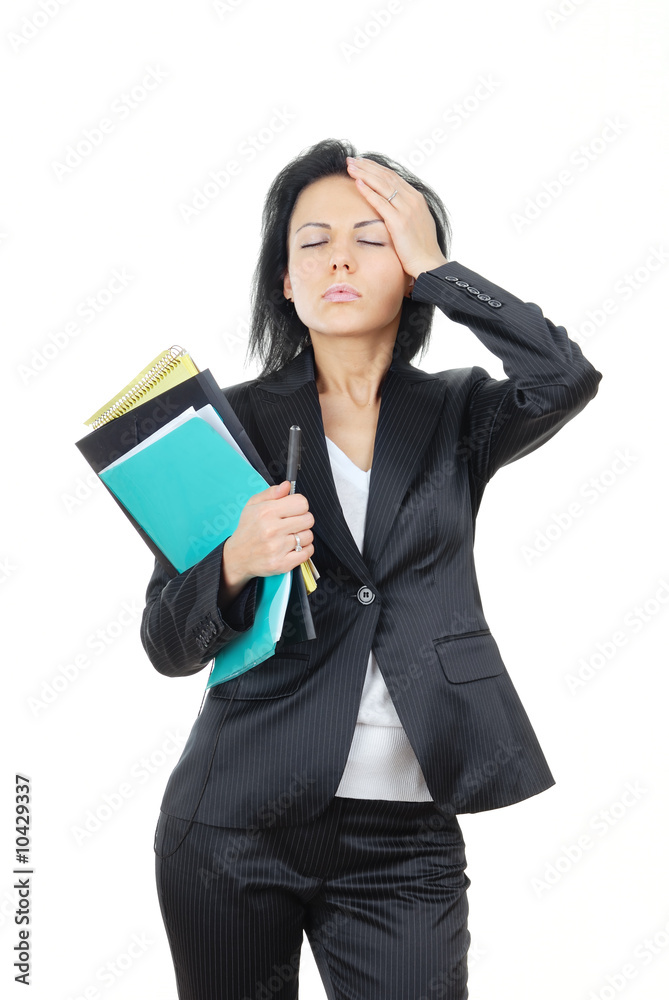 Businesswoman with documents and pen suffering from headache Businesswoman with documents and pen suffering from headache