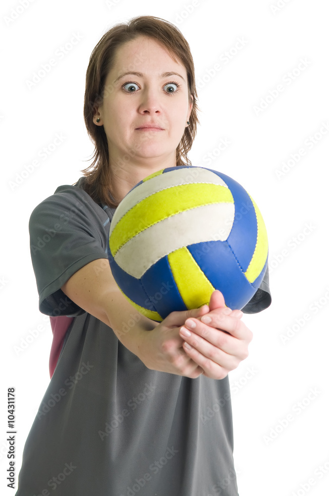 .Young girl with volleyball ball. Isolated over white. .Young girl with volleyball ball. Isolated over white.