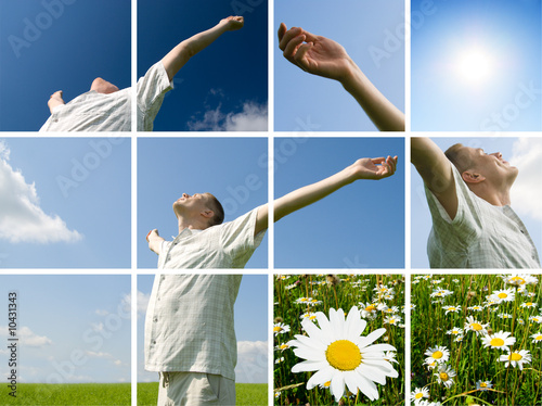 collage of summer photos young man taiking energy from nature photo