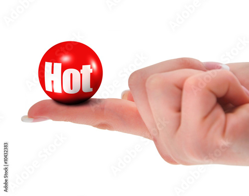 female hand holding red hot 3D ball, shallow DOF