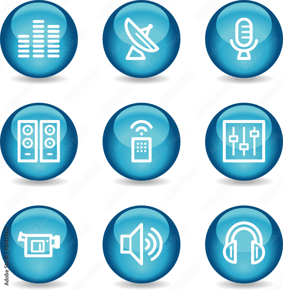 Media web icons, blue glossy sphere series Media web icons, blue glossy sphere series