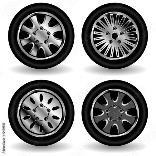 Different tyres and whells isolated over white background