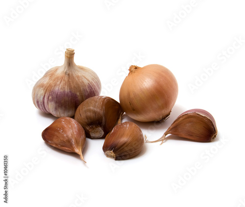 Garlic and onion on the white background