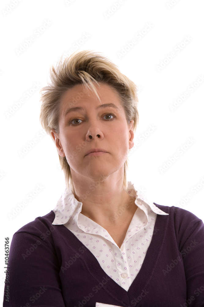 Blond mature woman looking very serious on white background Blond mature woman looking very serious on white background
