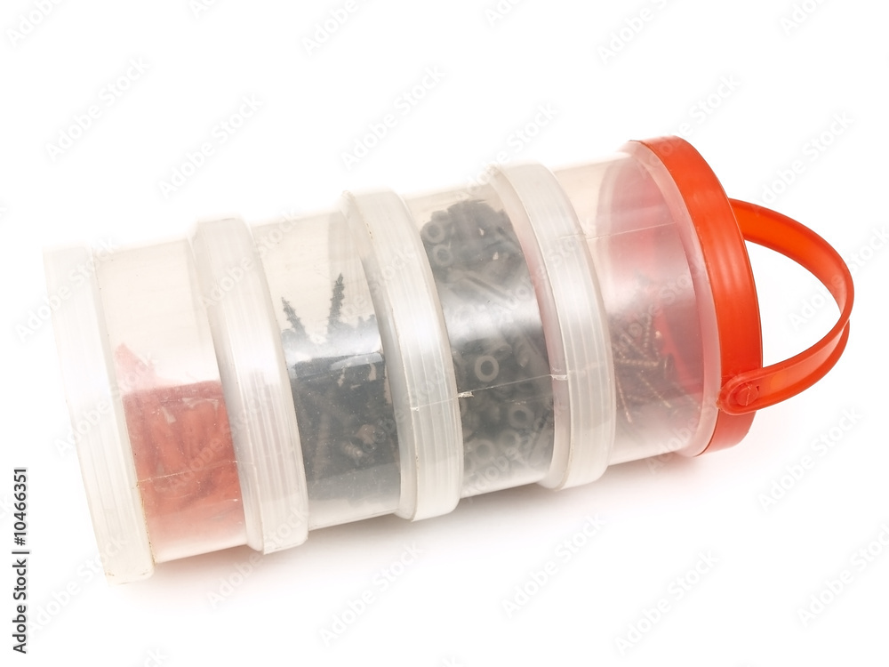 dowel pins ang bolts in plastic containers