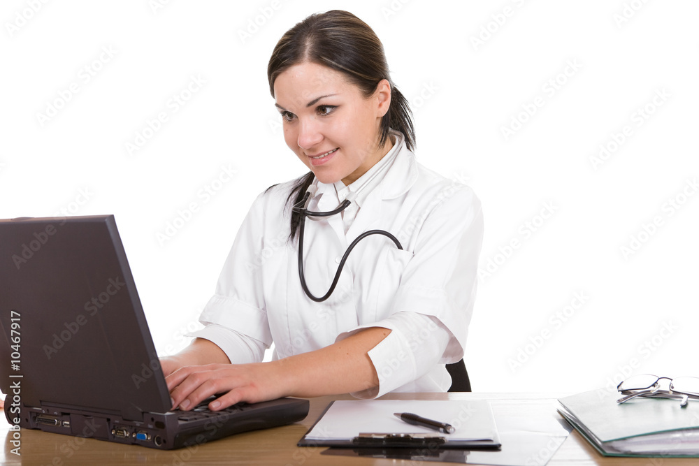 attractive brunette woman at desk. over white background attractive brunette woman at desk. over white background