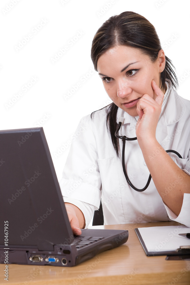 attractive brunette woman at desk. over white background attractive brunette woman at desk. over white background