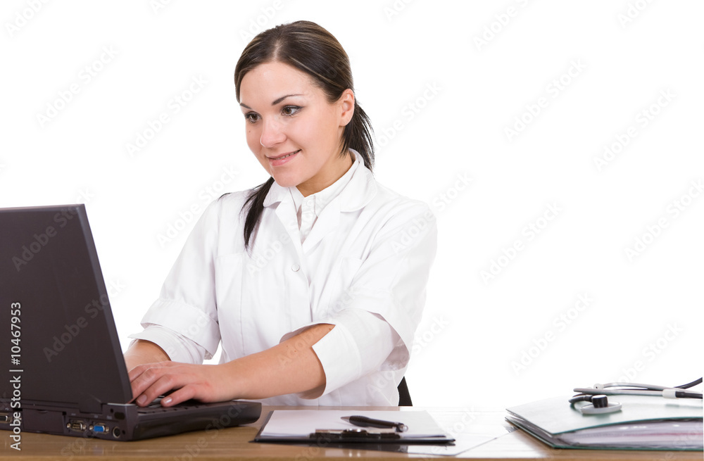 attractive brunette woman at desk. over white background attractive brunette woman at desk. over white background