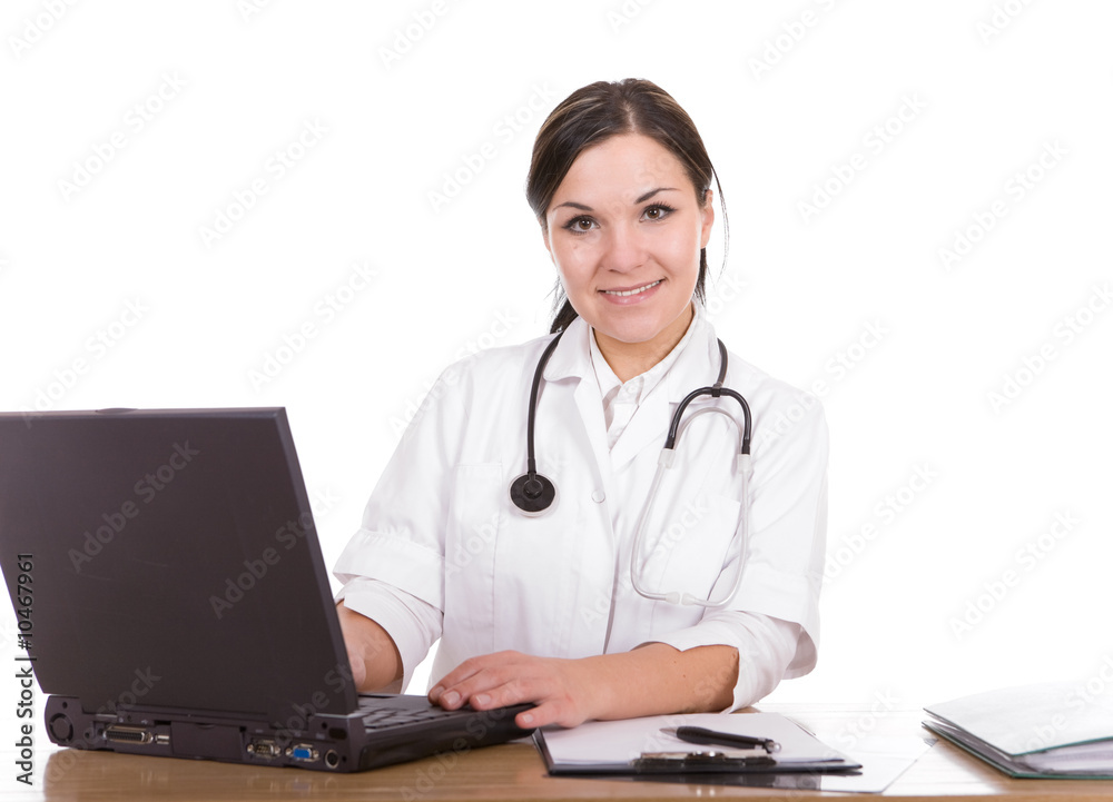attractive brunette woman at desk. over white background attractive brunette woman at desk. over white background