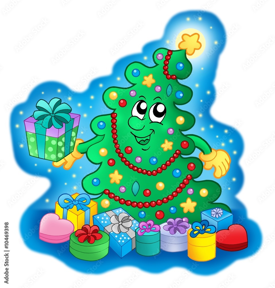 Obraz premium Happy Christmas tree on blue sky