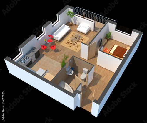 3D sectioned apartment with furniture with clipping path