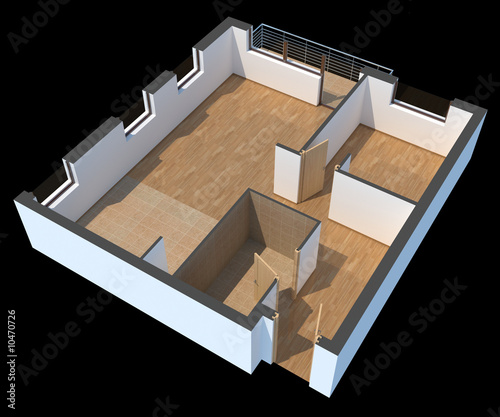 3D sectioned empty apartment with clipping path