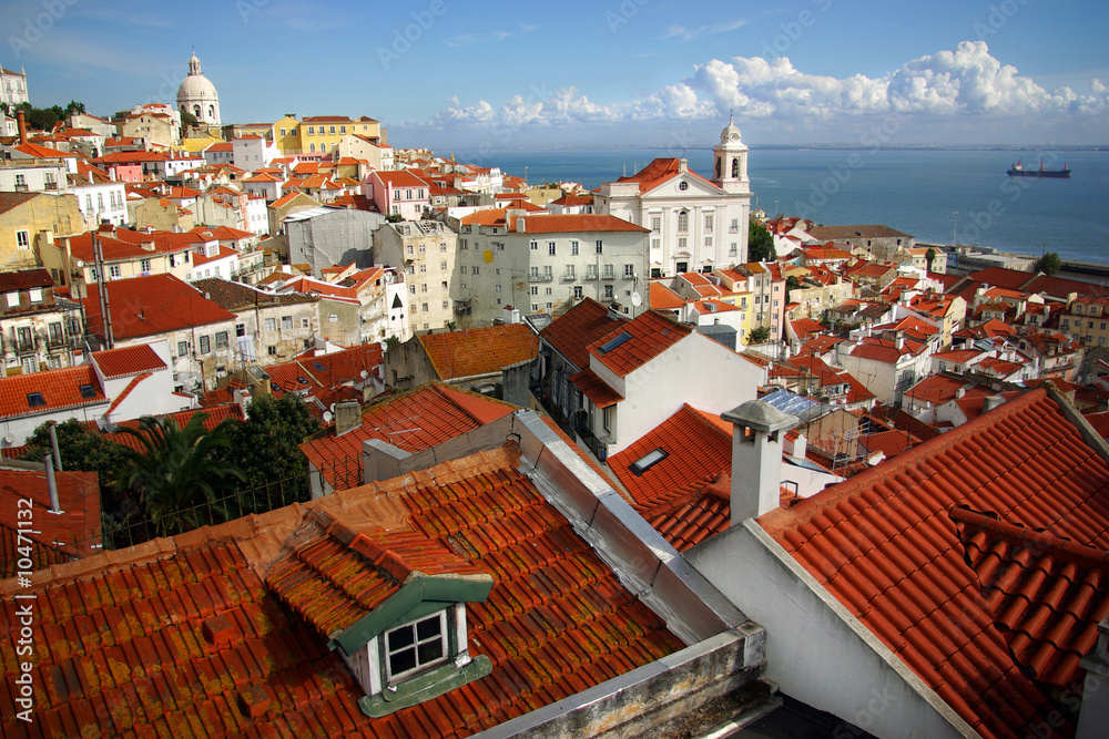Panorama of old traditional city of Lisbon and the Tagus river