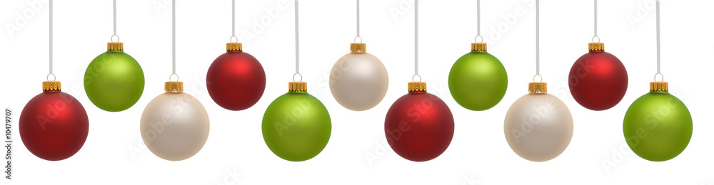 Red, green and white Christmas ornaments on white Red, green and white Christmas ornaments on white