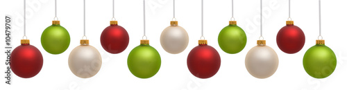 Red, green and white Christmas ornaments on white