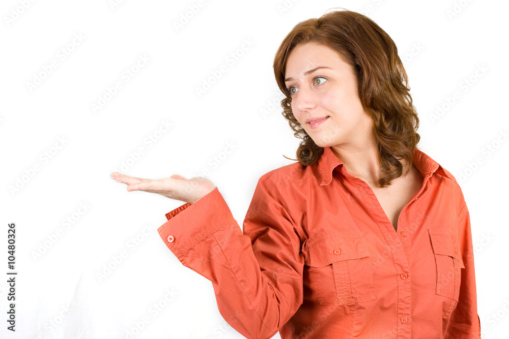 Friendly woman on white presenting a product Friendly woman on white presenting a product
