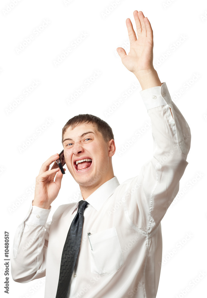 businessman calling by phone and rising up hand businessman calling by phone and rising up hand