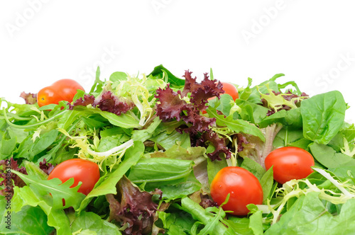 Background of salad leaves and cherry tomatoes with copyspace