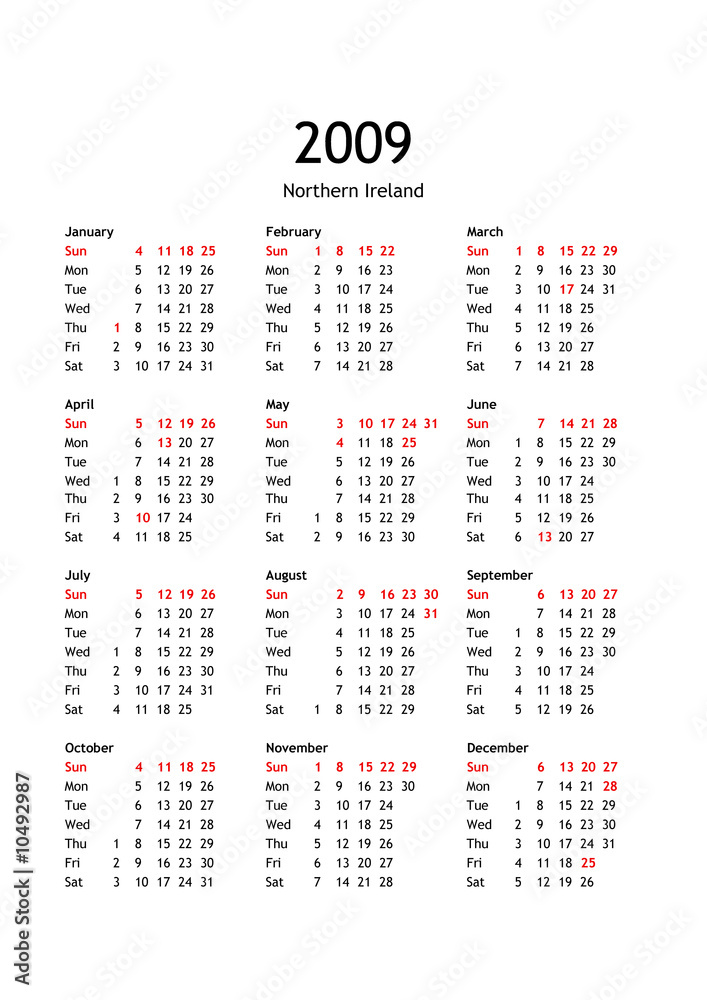Calendar 2009 with Northern Ireland public and bank holidays Stock  Illustration | Adobe Stock