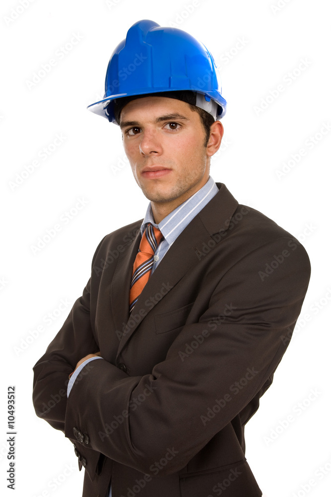 An engineer with blue hardhat, isolated on white An engineer with blue hardhat, isolated on white